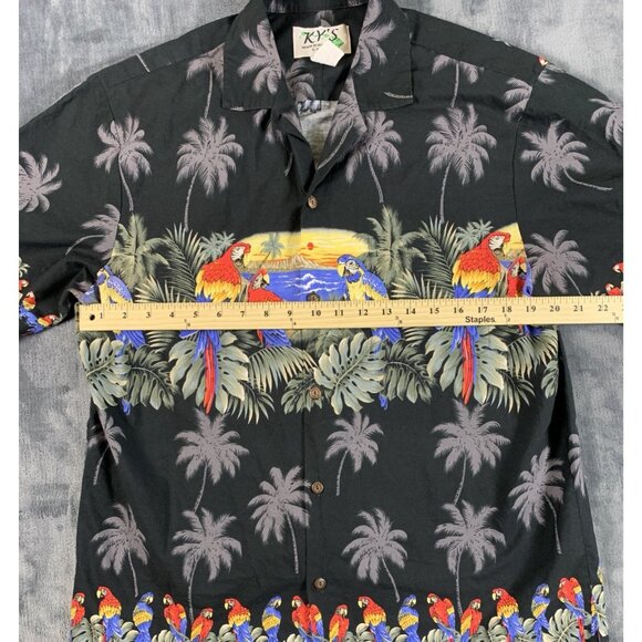 VTG KY’s Black Hawaiian Shirt Mens L Parrots Palm Tree Cruise Vacation Island - Picture 5 of 6